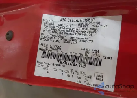 2007 Ford Focus S/Se/Ses z USA, uszkodzony, nr VIN 1FAFP34N97W319939